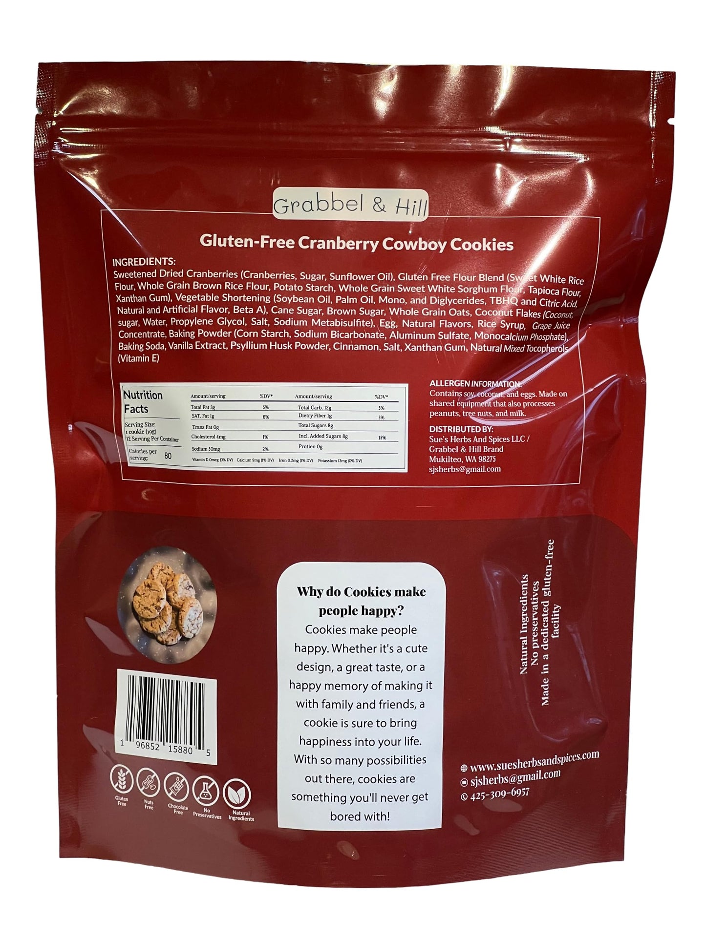 Grabbel & Hill Gluten Free Cranberry Cowboy Cookies. 8 Ounce (Pack Of 12). No Artificial Flavors & Preservatives. Nut & Chocolat