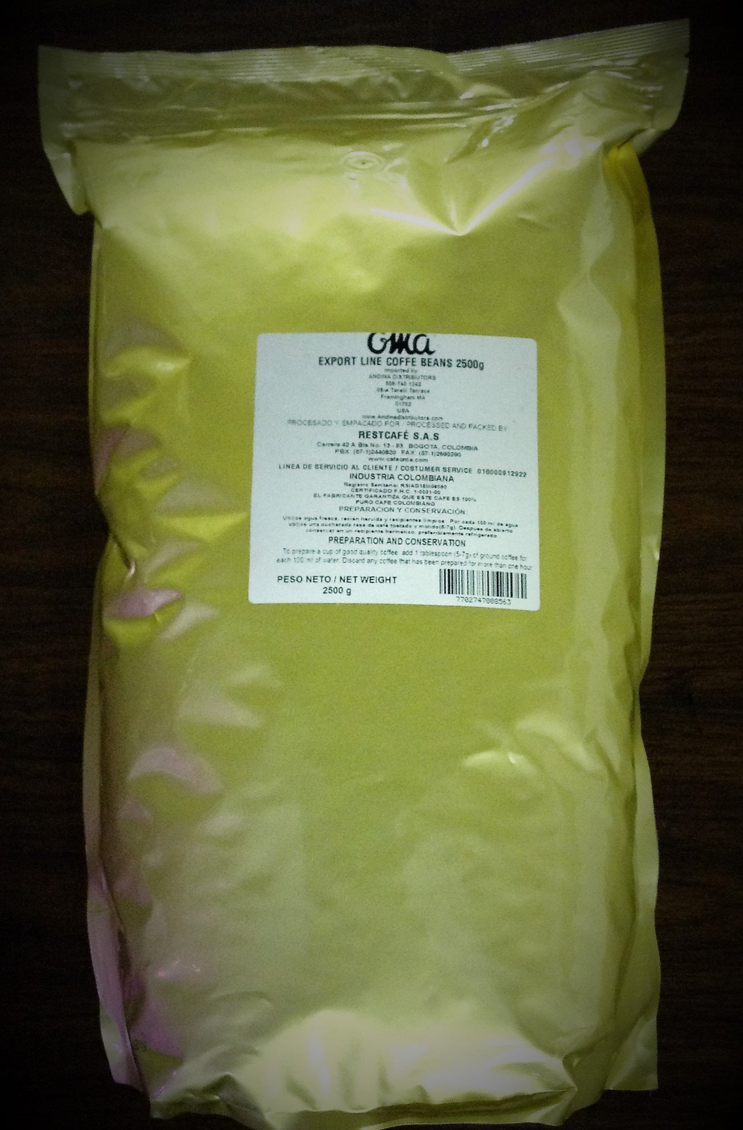 Oma Cafe Excelso Medium/Dark Roast 100% Arabica Whole Beans, 5 lb Bag, 2500g, 88oz, Colombia Coffee Beans