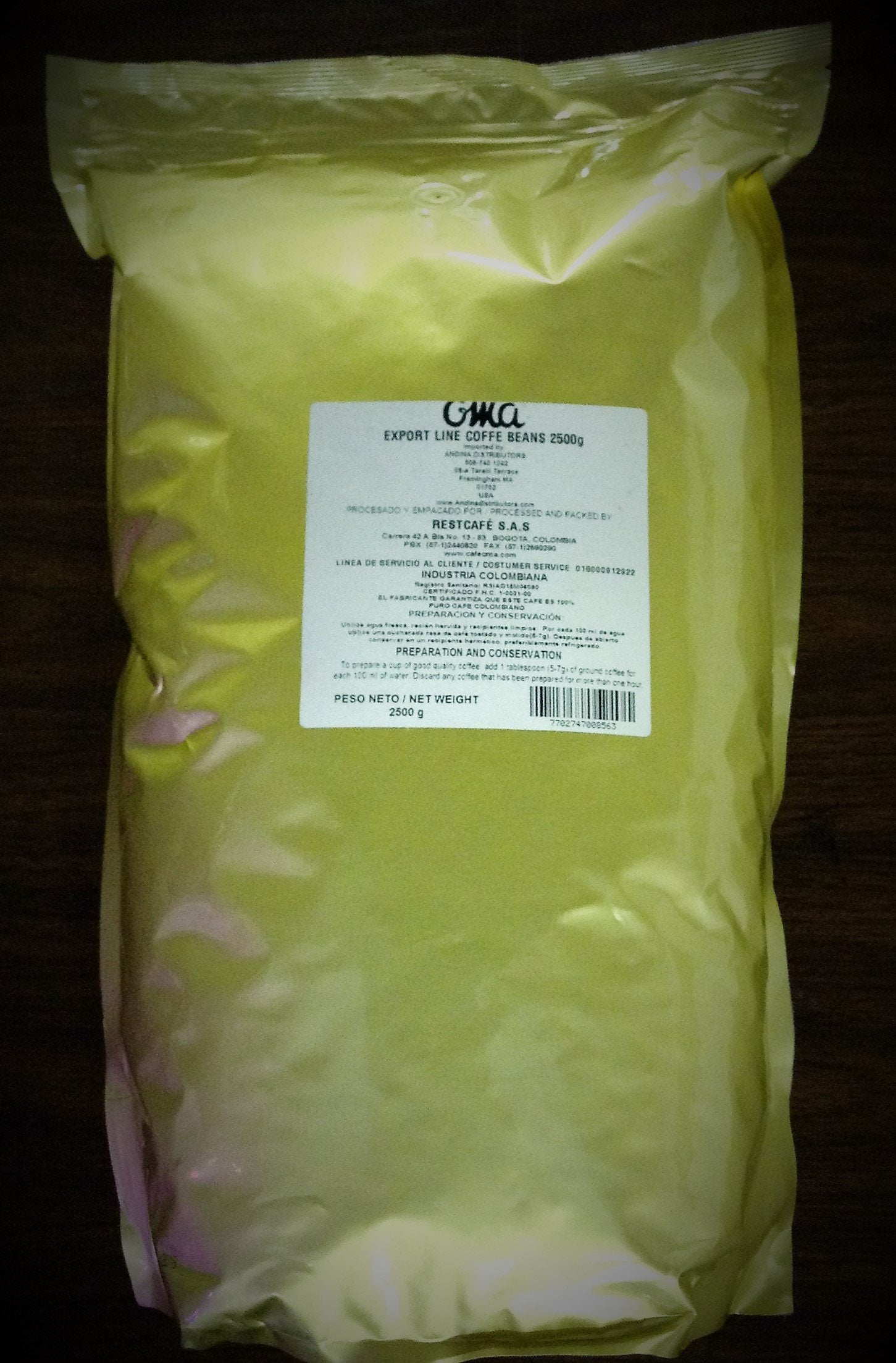 Oma Cafe Excelso Medium/Dark Roast 100% Arabica Whole Beans, 5 lb Bag, 2500g, 88oz, Colombia Coffee Beans