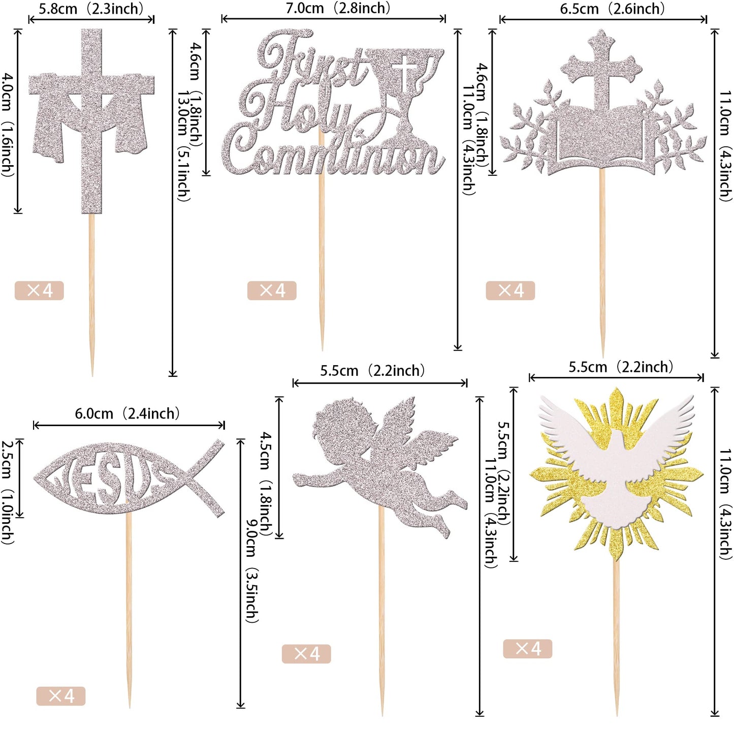 Rssta i Cupcake Toppers 24 Pack, First Holy Communion, Cross Dove Angel, Silver, Model XM279-silver