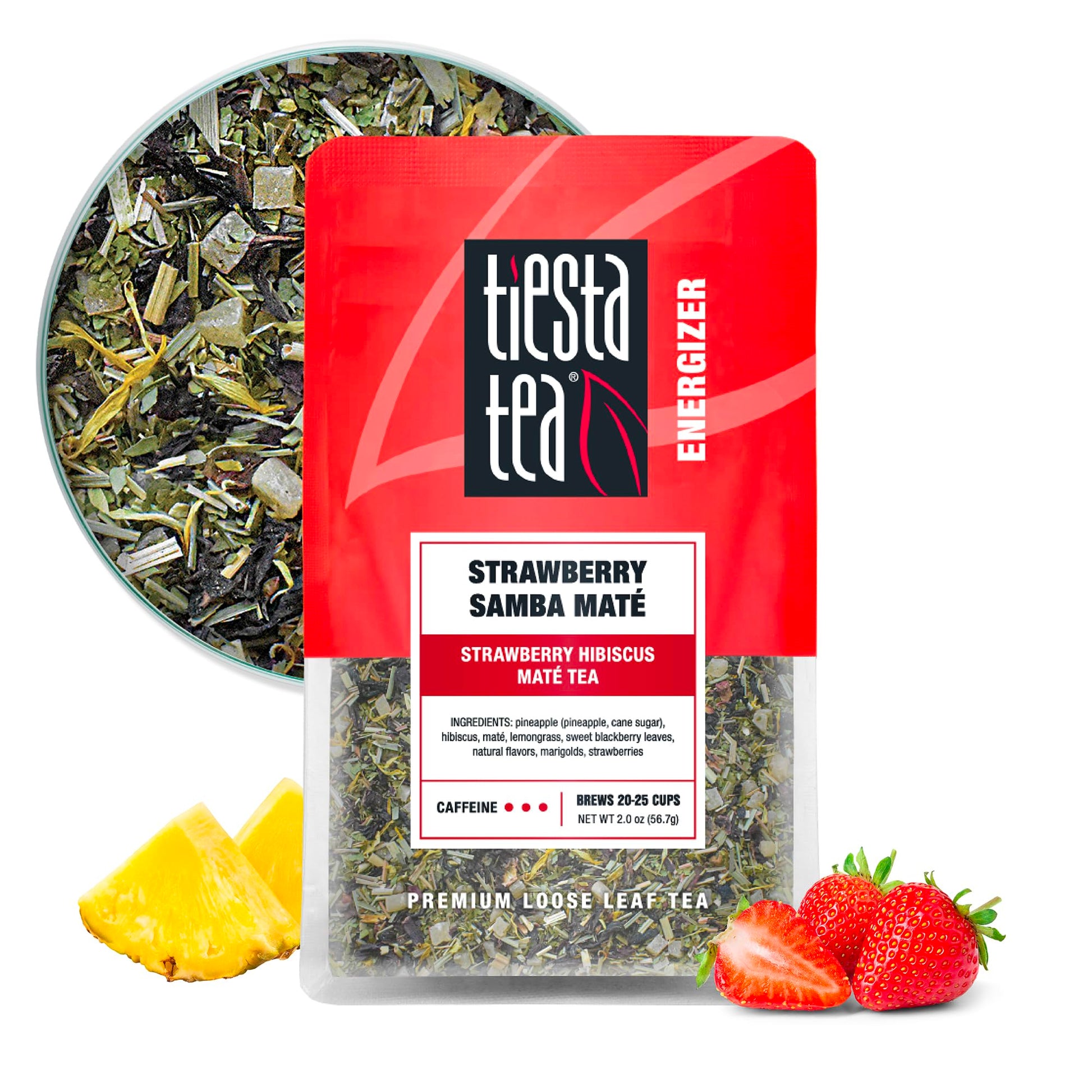 Tiesta Tea Strawberry Samba Mate - High Caffeinated Loose Leaf Tea, 2 oz Pouch, Makes Up to 25 Cups