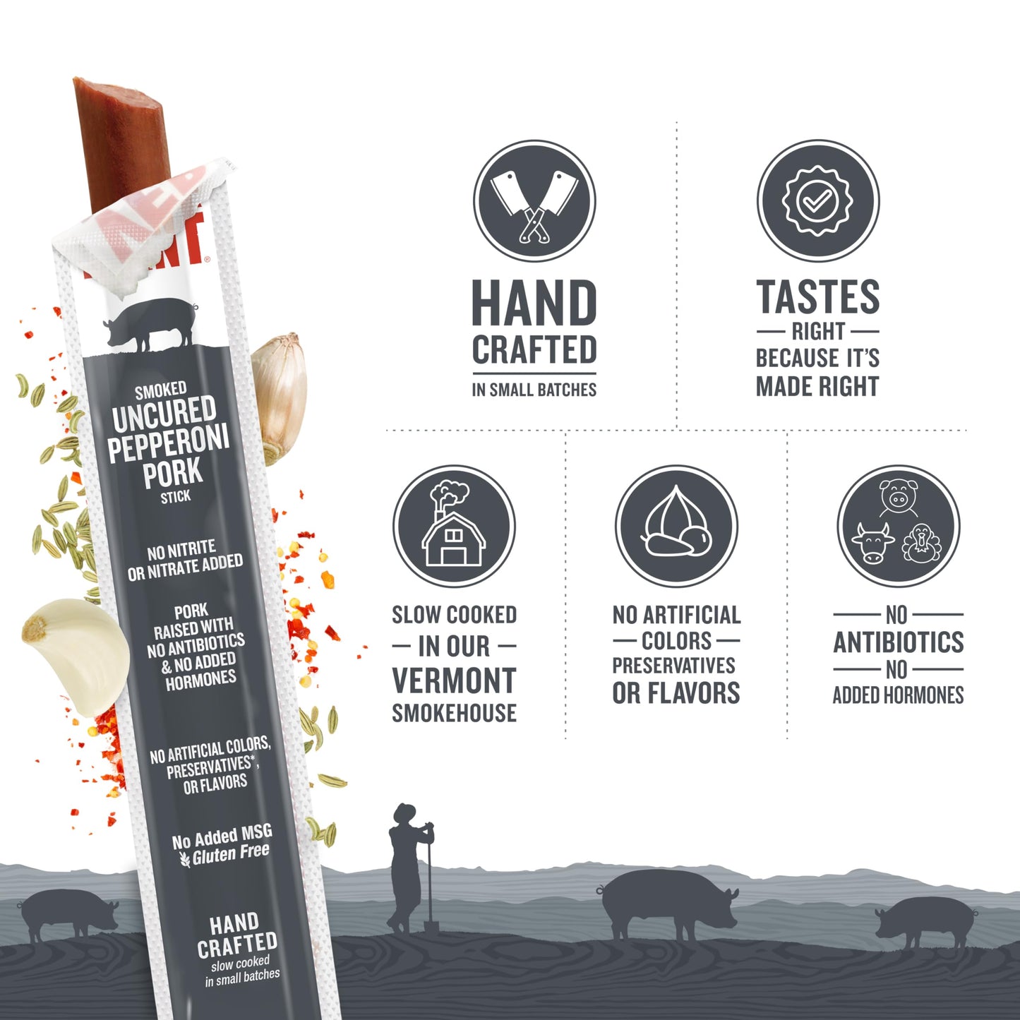 Vermont Smoke & Cure Snack Sticks - Pork Pepperoni - Maple Smoked - 24oz Jerky Stick, Healthy Meat Protein - 24 Count Carton