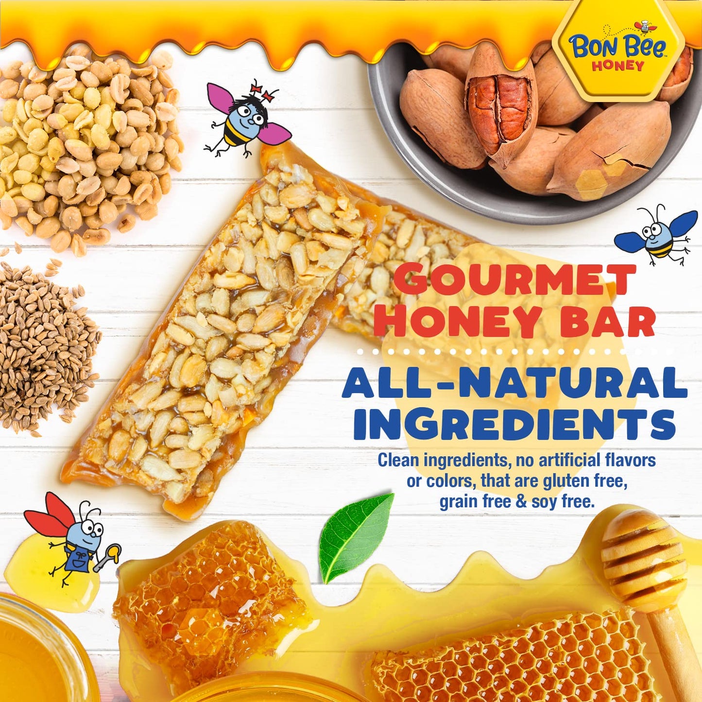 Bon Bee Honey Bunchies All Natural Honey Bar - Natural Breakfast & Nutrition Bars For Healthy Energy & Fuel - Variety Of Delicious Highlights & Perfectly Balanced, 4-1.4Oz Bars