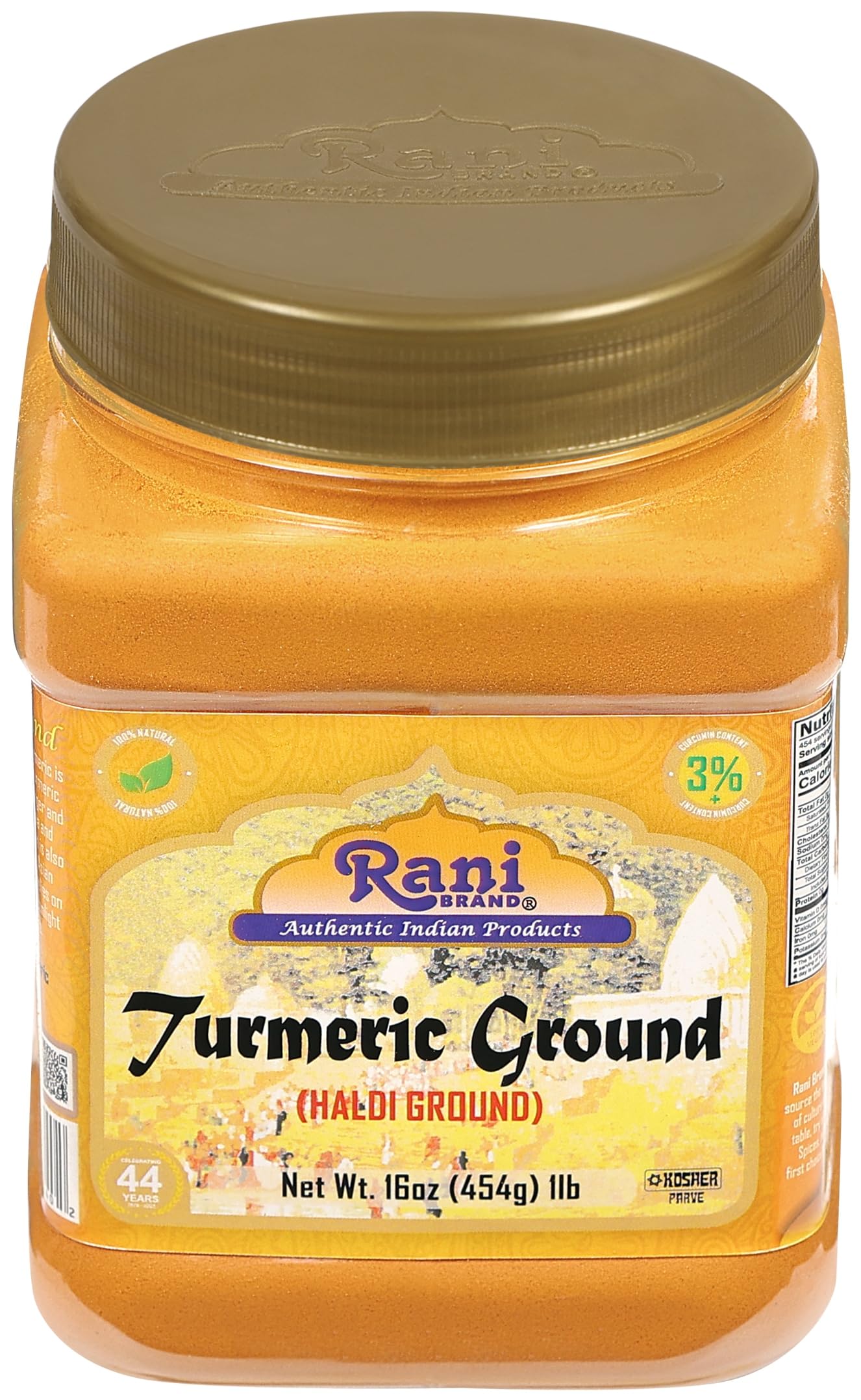 Rani Turmeric (Haldi) Root Powder Spice  (High Curcumin Content) 16oz (1lb) 454g PET Jar ~ All Natural | 100% Pure  Salt Free | Vegan | Gluten Friendly | NON-GMO | Kosher | Indian Origin
