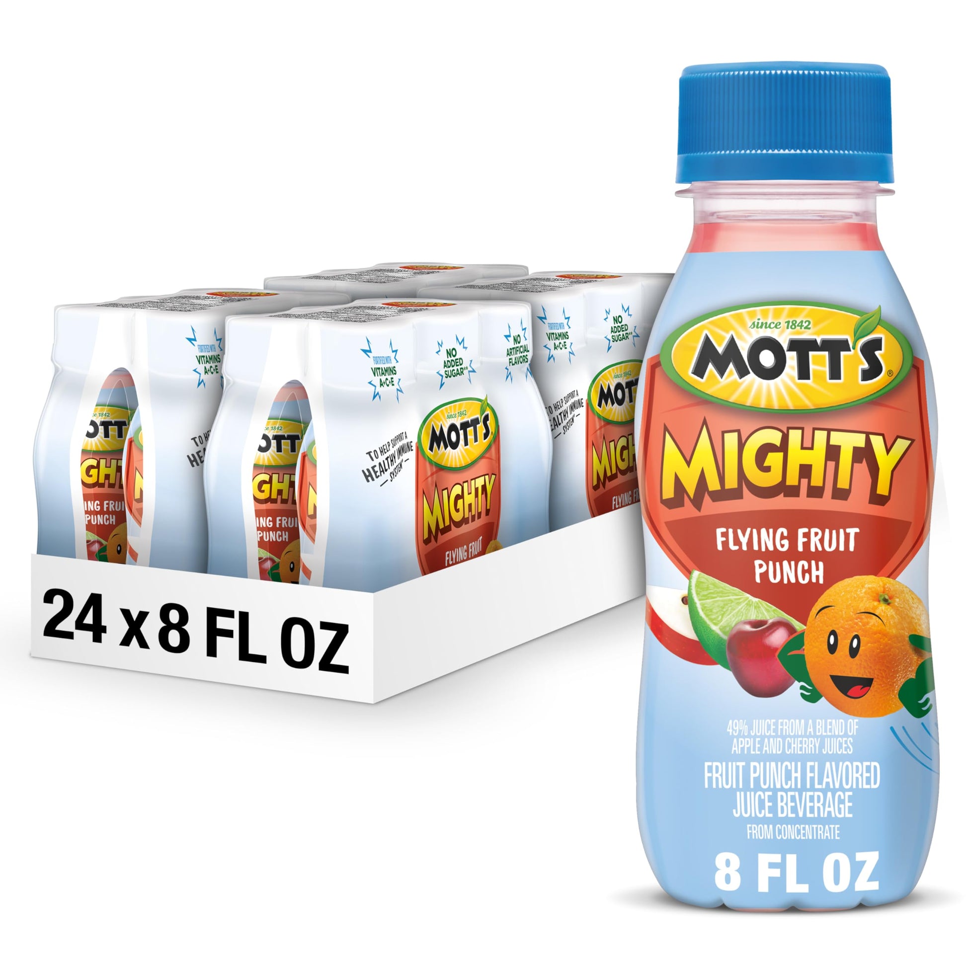 Motts Mighty Flying Fruit Punch Juice Drink, 8 Fl Oz Bottles, 24 Count, 100% Fruit Juice, No Artificial Flavors, Vitamins A, C, E