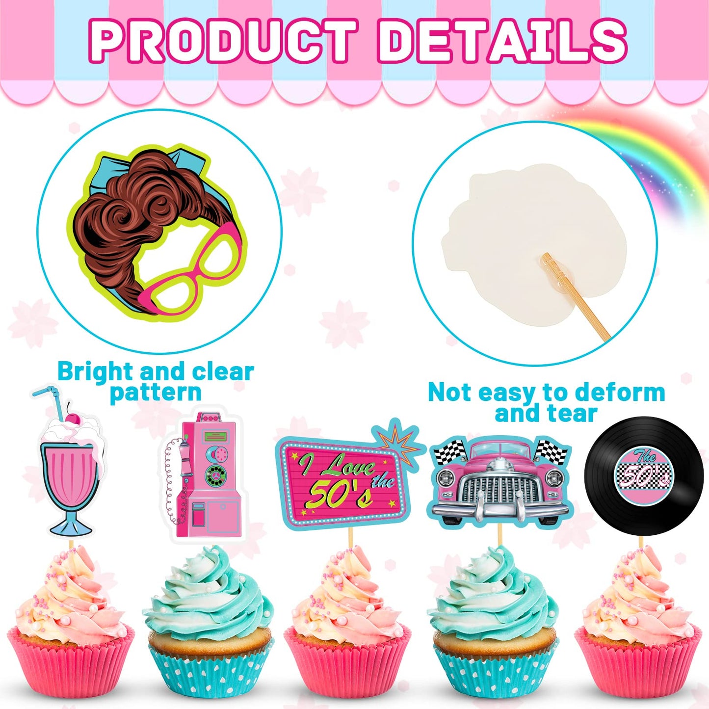Jecery 45 Pieces 1950S Cupcake Topper Rock And Roll Music Party Decorations 50S Music Soda Shop Cake Decoration For Retro 50'S 6