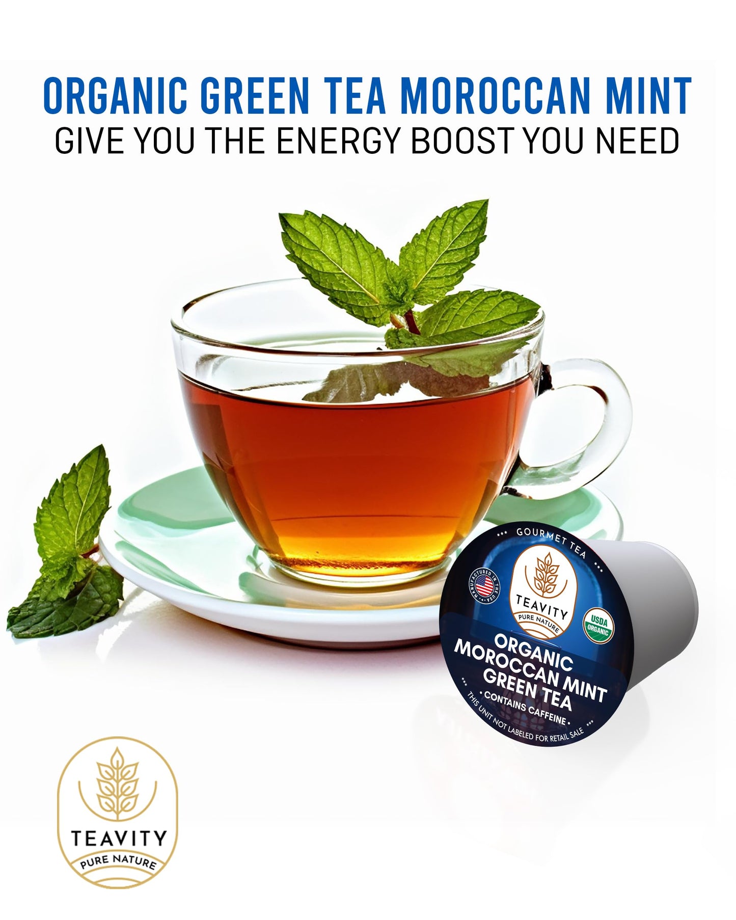 Organic Moroccan Mint Tea And Green Tea Pods For Keurig - Caffeinated Unsweet Tea For K Cup Brewing By Teavity (36 Tea Pods)