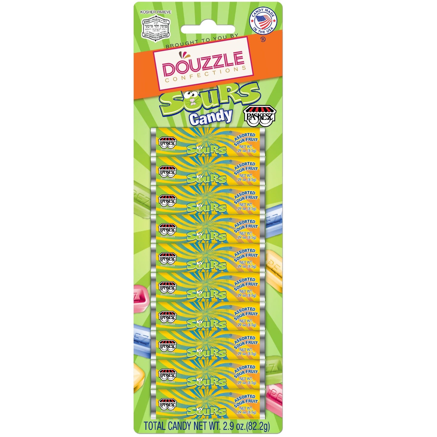 DOUzzle Kosher Pez Candy Refills - Assorted Sour Fruit Flavor, 10 Refills (Pack of 1) Gluten Free, Kosher Parve, USA Made