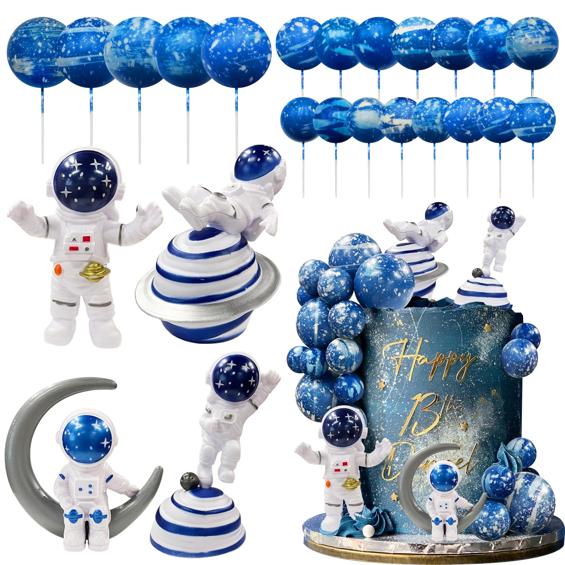 Astronaut Figurines Space Cake Toppers Blue Star Ball Cake Toppers For Space Theme Party Kids Birthday Party Baby Shower Supplie
