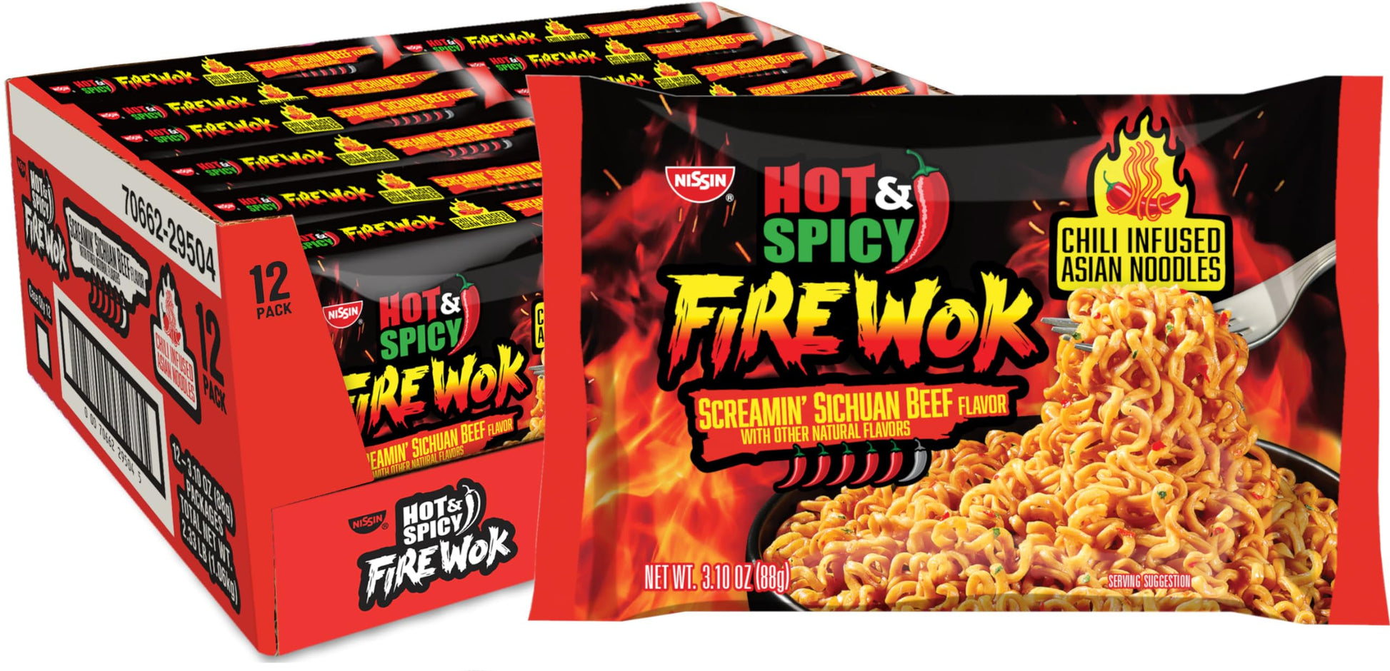 Nissin Fire Wok, Screamin Beef Flavor, Hot & Spicy Chile Infused Asian Noodles, Pack of 12