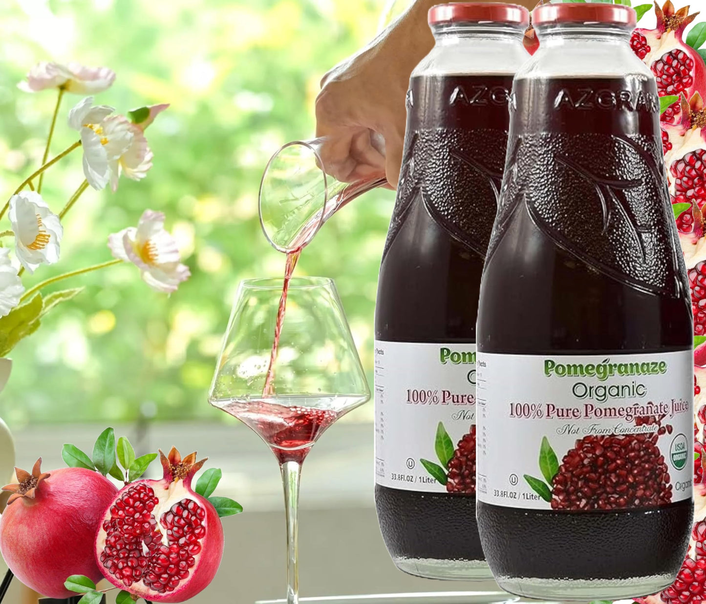 100% Organic Pomegranate Juice, 33.8 Oz Glass Bottle (2 Pack) No Sugar, No Artificial Colors, No Preservatives, No Flavors Added