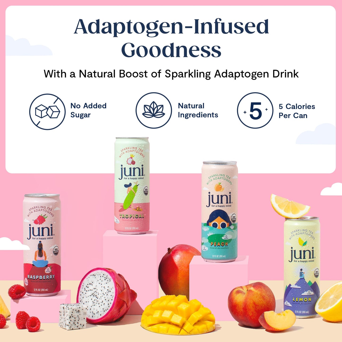 Juni Sparkling Adaptogen Drink with Ashwagandha  Lions Mane & Reishi Mushrooms | Green Tea for Focus  Zero Sugar  10 Calories  Organic | Non fermented-style flavoric Drinks - Lemonade Iced Tea 12 pack