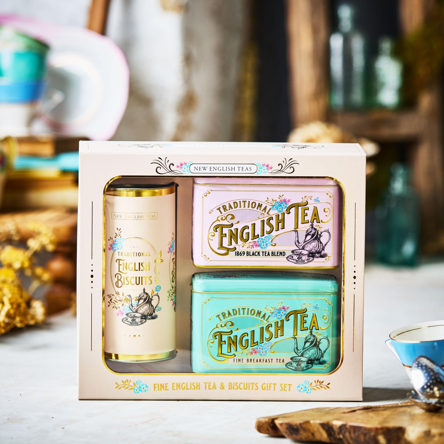New English Teas Vintage Victorian Tea & Cookies Gift Set With 80 Fine English Teabags, 2 Tea Caddies And Luxury Cornish Biscuit