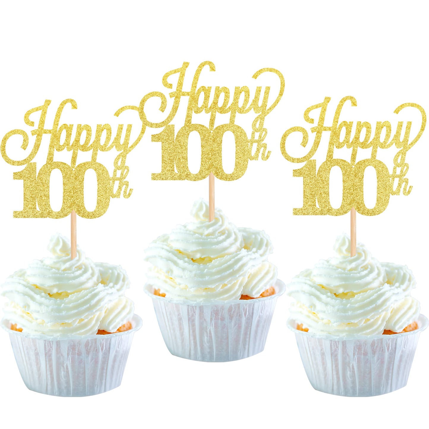 YCTHUNFISH Cupcake Toppers, 24 Pack, Glitter Number 100, Bamboo, Gold, Small, Cake Decorations for Birthday and Anniversary Parties