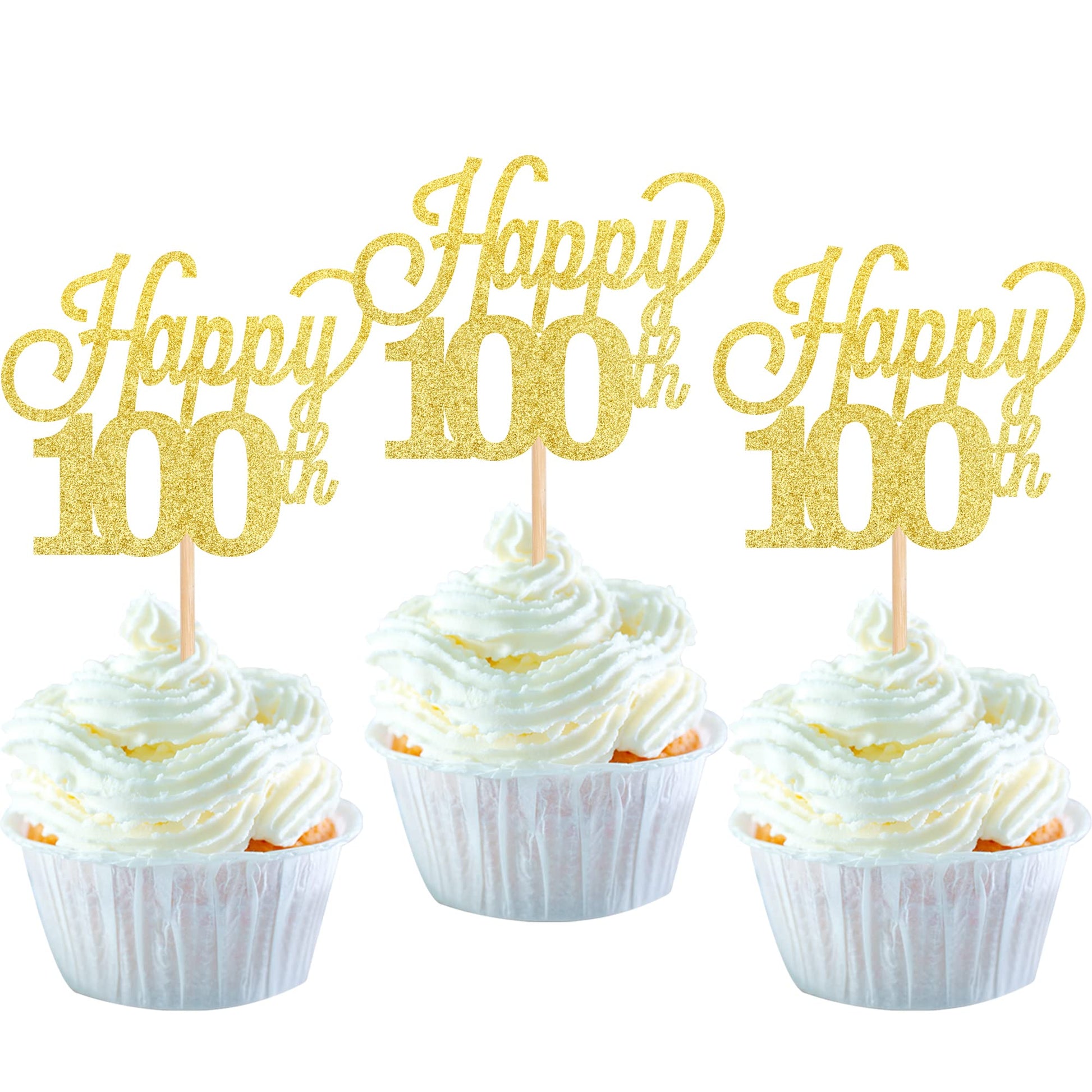 YCTHUNFISH Cupcake Toppers, 24 Pack, Glitter Number 100, Bamboo, Gold, Small, Cake Decorations for Birthday and Anniversary Parties
