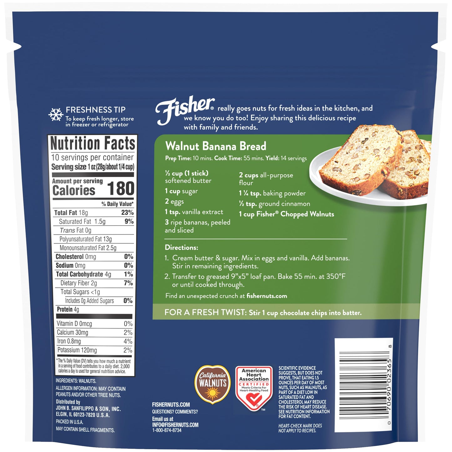 Fisher Chopped Walnuts, 10 oz, 100% California Unsalted, Resealable Bag, Vegan Protein, Keto Snack, Brown