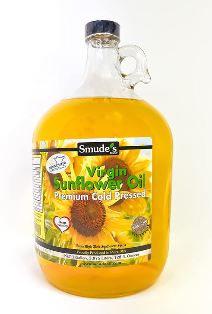 Smude's Brand Cold Pressed Sunflower Oil - 1 Gallon (128 oz.) Glass Bottle | Healthy & Versatile Cooking Oil, High Oleic, Heart 