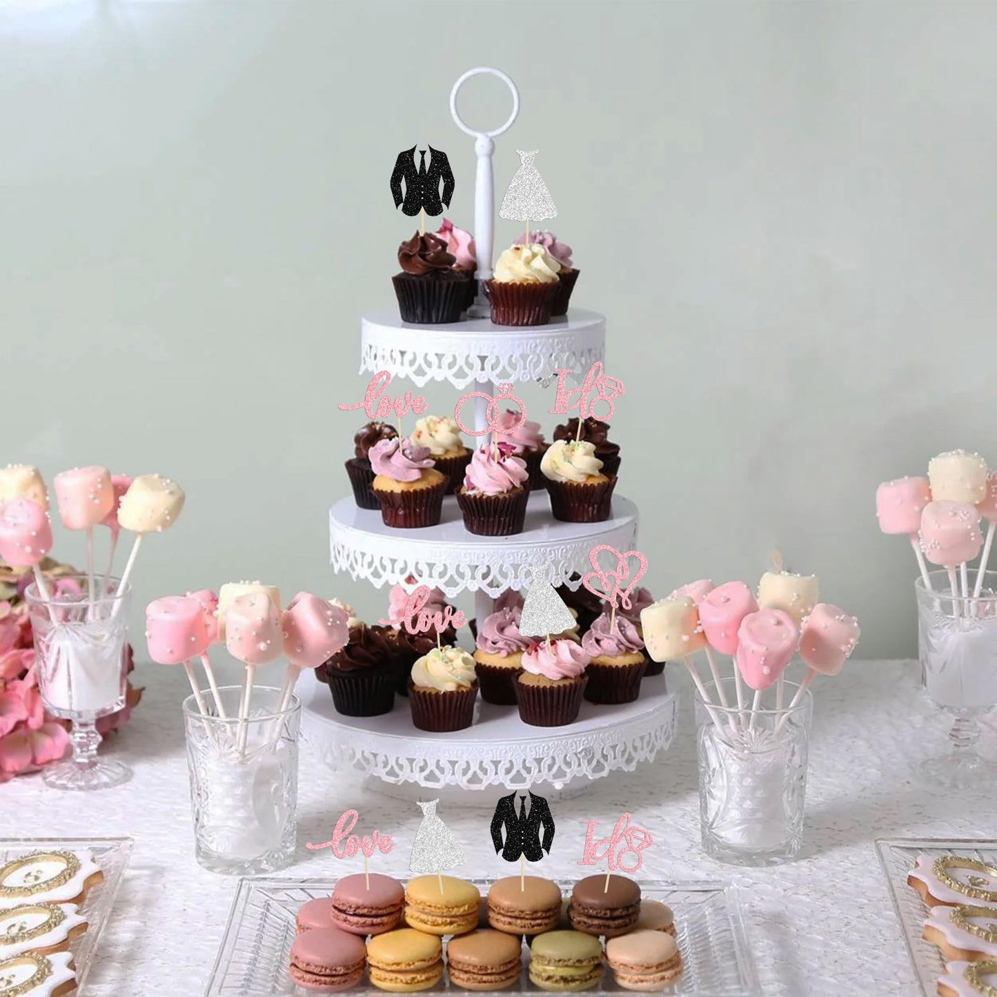 Gyufise 24Pcs Wedding Cupcake Toppers Glitter Groom And Bride Cupcake Picks Love I Do Ring Heart Cake Decorations For Bridal Sho