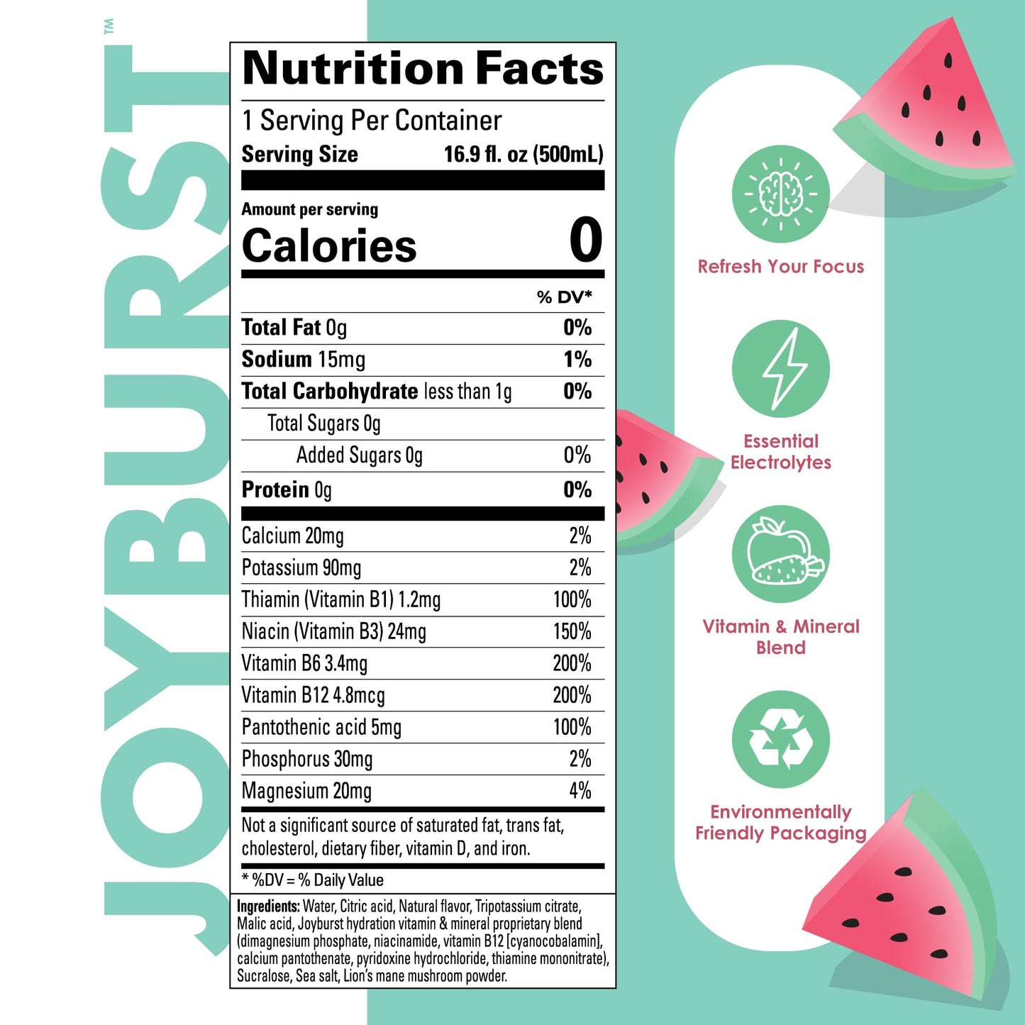 JOYBURST Hydration Drink, Watermelon Flavor, Electrolytes & Vitamins, 12 Packs of 17.60 fl oz Tetra Paks