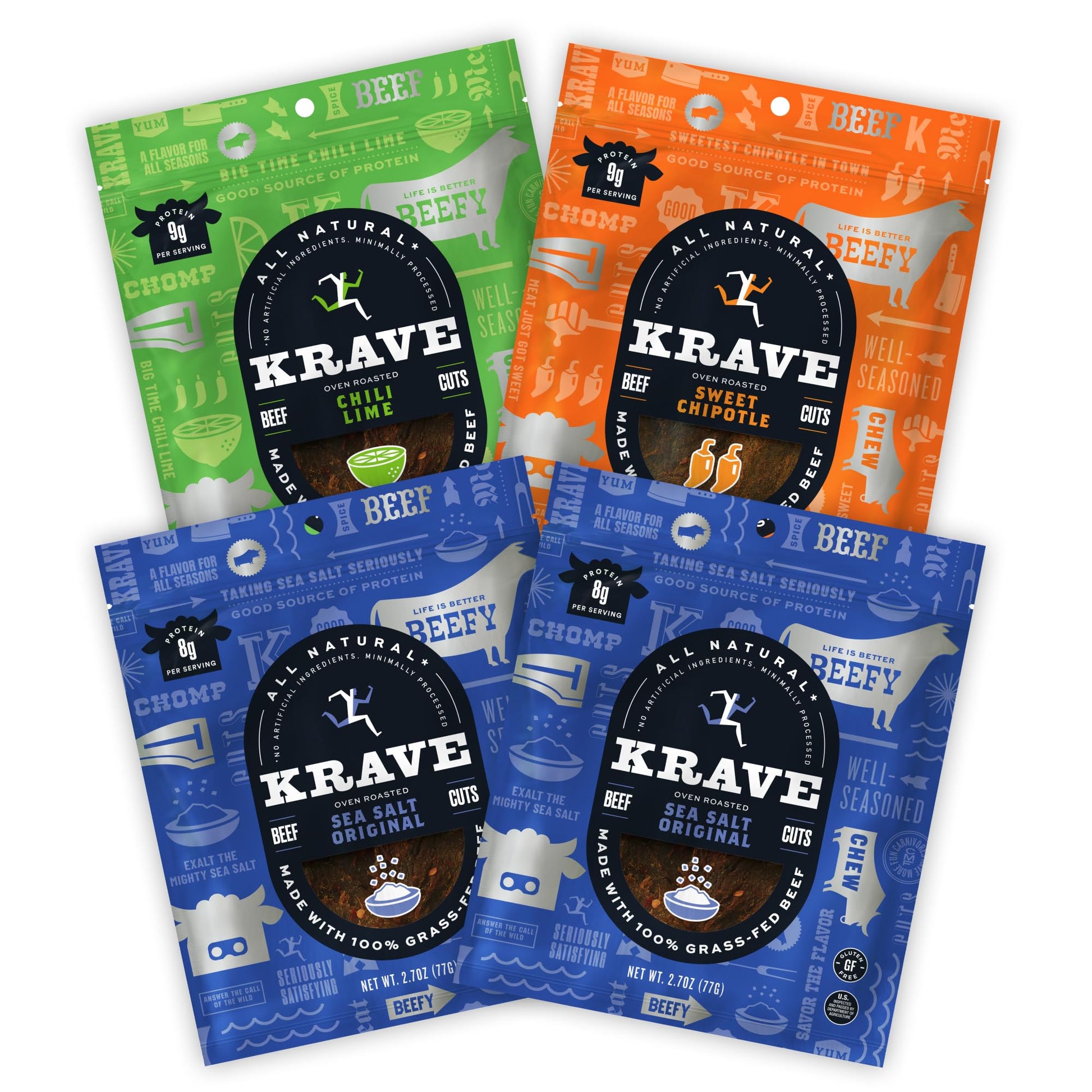 KRAVE All Natural Beef Jerky Variety Pack | Gluten Free, 100% Grass-Fed Beef | 2.7 oz Each (Pack of 4)