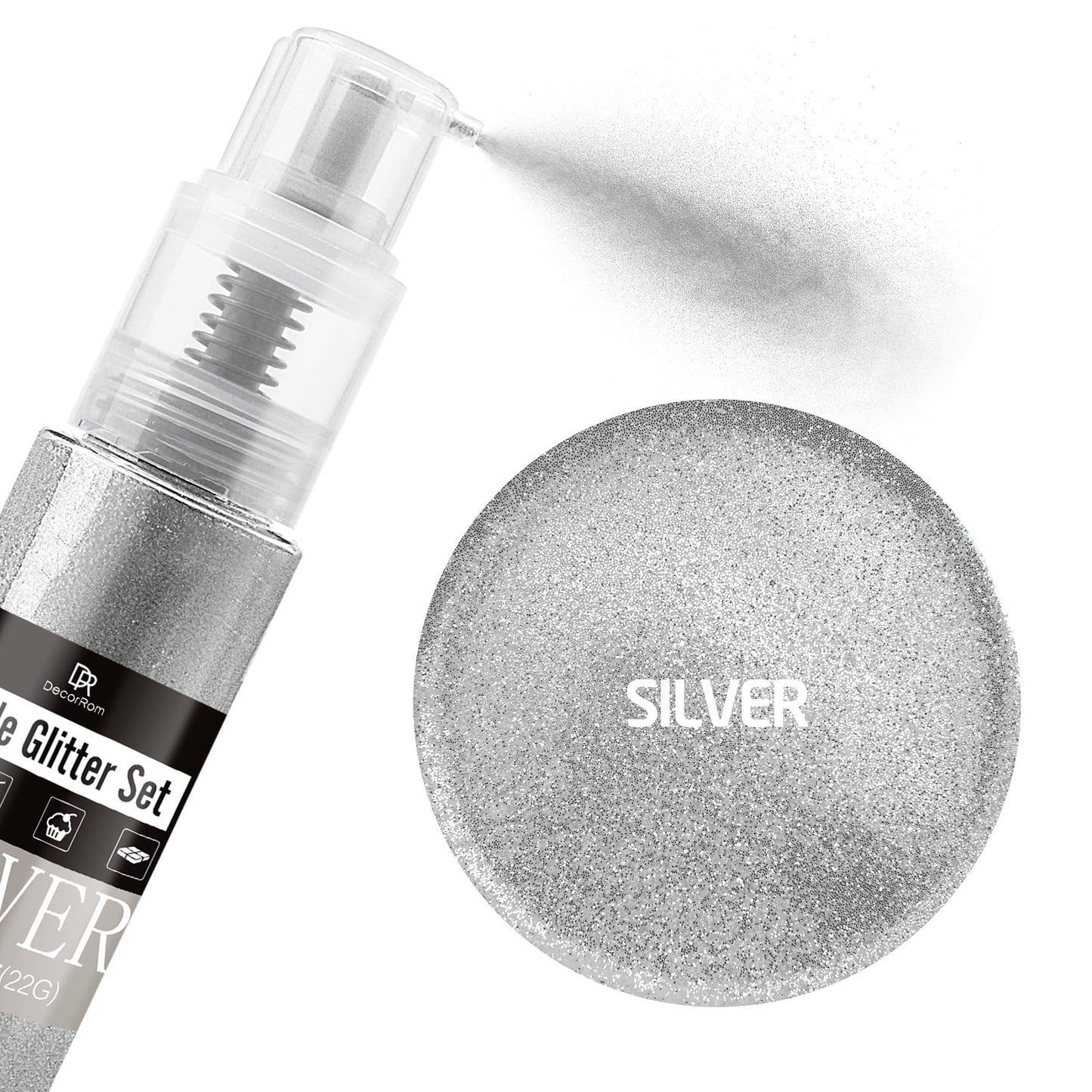 DecorRom Edible Glitter Spray - 3/4oz Food Grade Shimmer Dust for Cake Decorating, Cocktails, Drinks - Silver