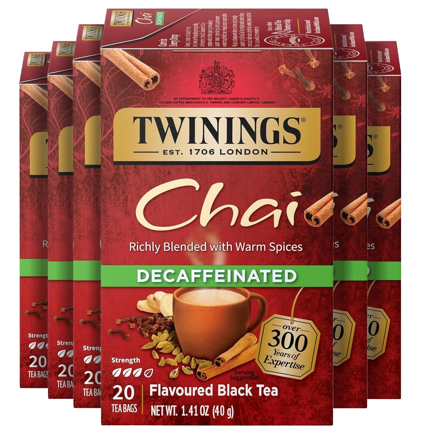 Twinings Decaffeinated Chai Individually Wrapped Bags, 20 Count (Pack of 6), Sweet, Savoury Spices, Enjoy Hot or Iced, 120 Teaba