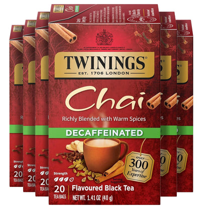 Twinings Decaffeinated Chai Individually Wrapped Bags, 20 Count (Pack of 6), Sweet, Savoury Spices, Enjoy Hot or Iced, 120 Teaba
