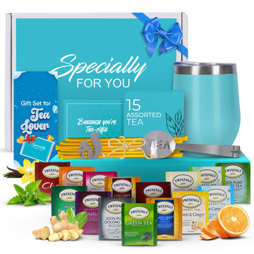 Modern Elegance Tea Tumbler Gift Set – Includes Tea Bag Holder, Spoon, Honey Straw, 15 Assorted Flavor Blends & Hot & Cold 12Oz Insulated Tumbler – Ideal For Holiday Gift For Tea Lovers – Teal