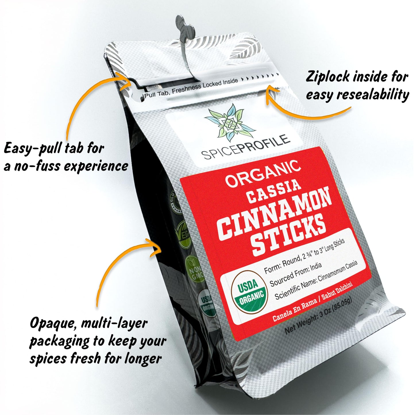 Spice Profile USDA Organic Cassia Cinnamon Sticks, Lab Tested, Resealable 3 oz Pouch, Small Size