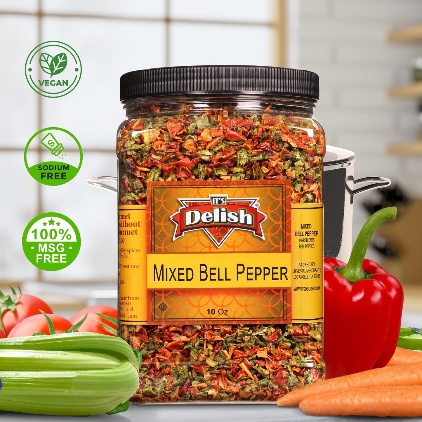 Its Delish Dehydrated Dried Bell Peppers Mix, 16 Oz Jumbo Container, Vegan, Kosher, Chopped & Dried Vegetable Spice Seasoning