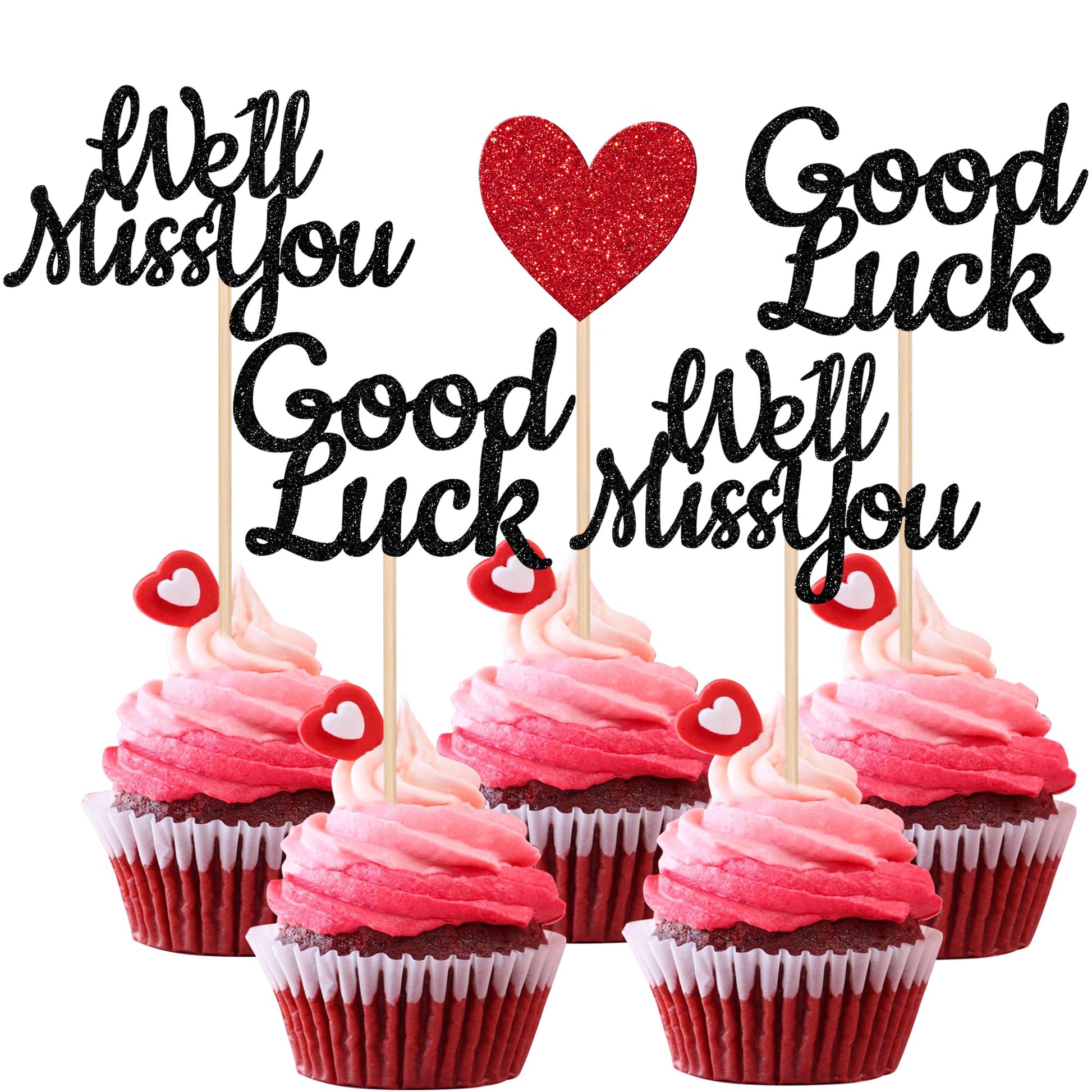 YCTHUNFISH Cupcake Toppers 24 Pack Glitter Red Love Heart Retirement Party Decorations Small