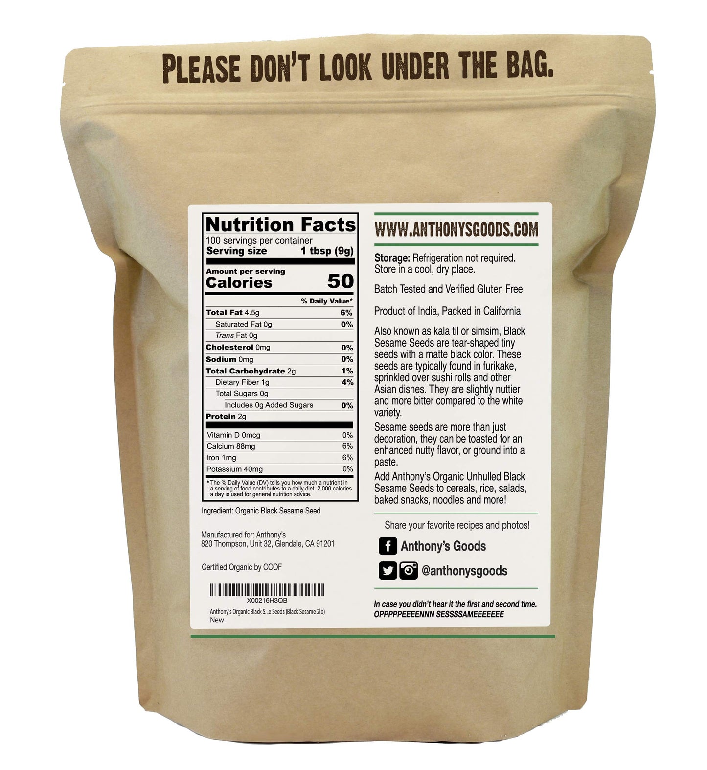 Anthonys Organic Black Sesame Seeds, 2 Lb, Raw, Unhulled, Batch Tested & Verified Gluten Free, Keto Friendly