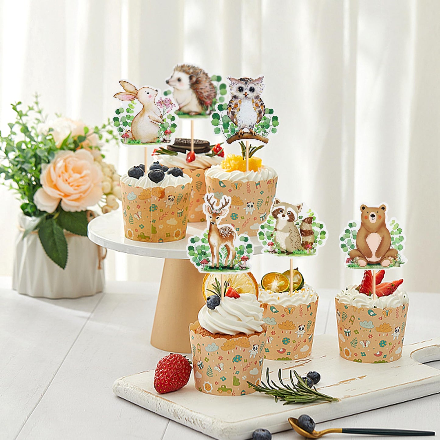 24Pcs Animal Cupcake Toppers Wood Land Theme Animal Cupcake Toppers Picks Baby Shower Themed For Girl Boys Kids Party Supplies D