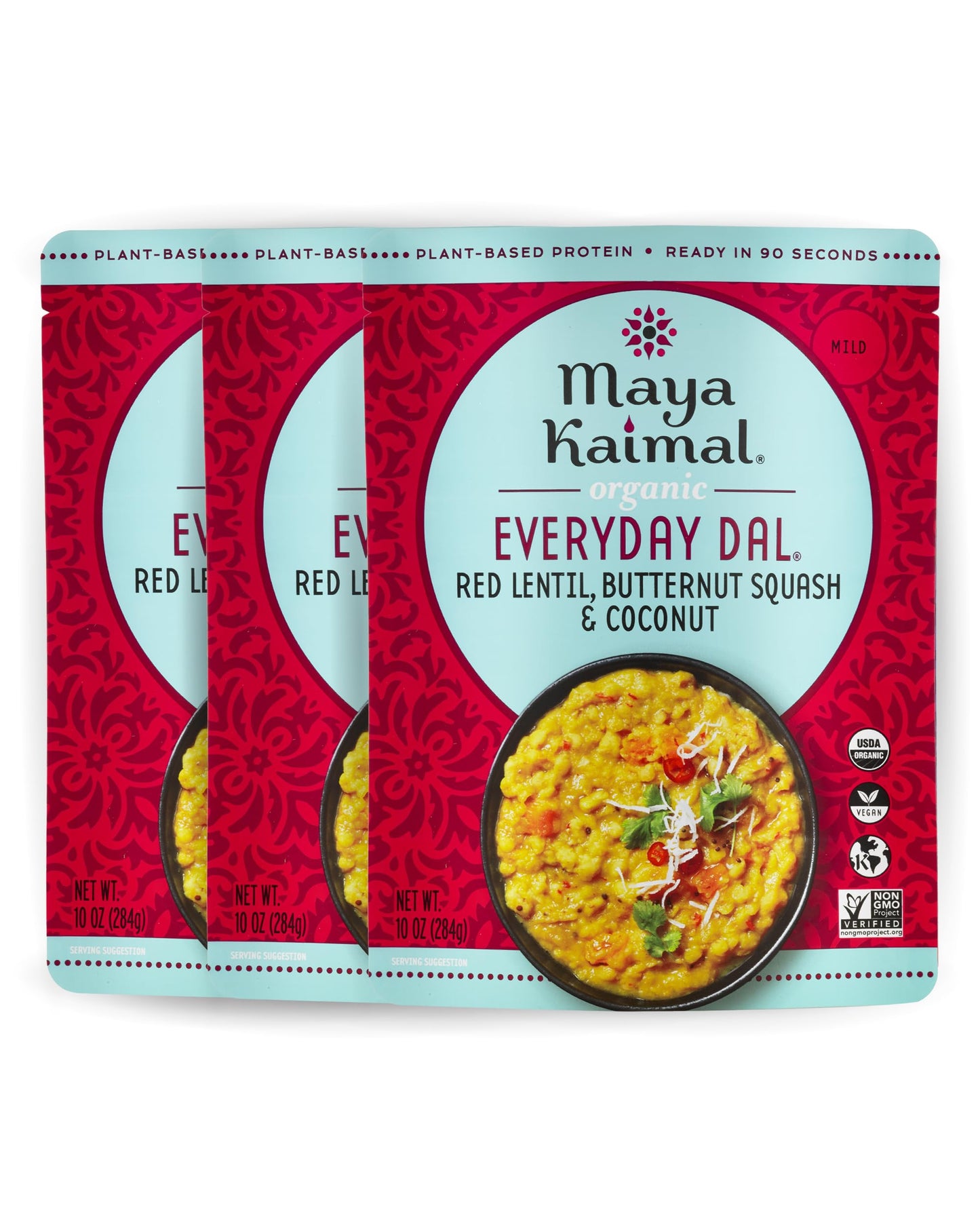 Maya Kaimal Organic Indian Foods | Red Lentil Everyday Dal | 10oz (PACK of 3) | Microwaveable, Ready to Eat, Fully Cooked with B