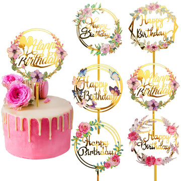 6 Pieces Happy Birthday Cake Toppers Gold Flower Acrylic Cake Toppers Acrylic Cupcake Topper For Various Birthday Party Annivers