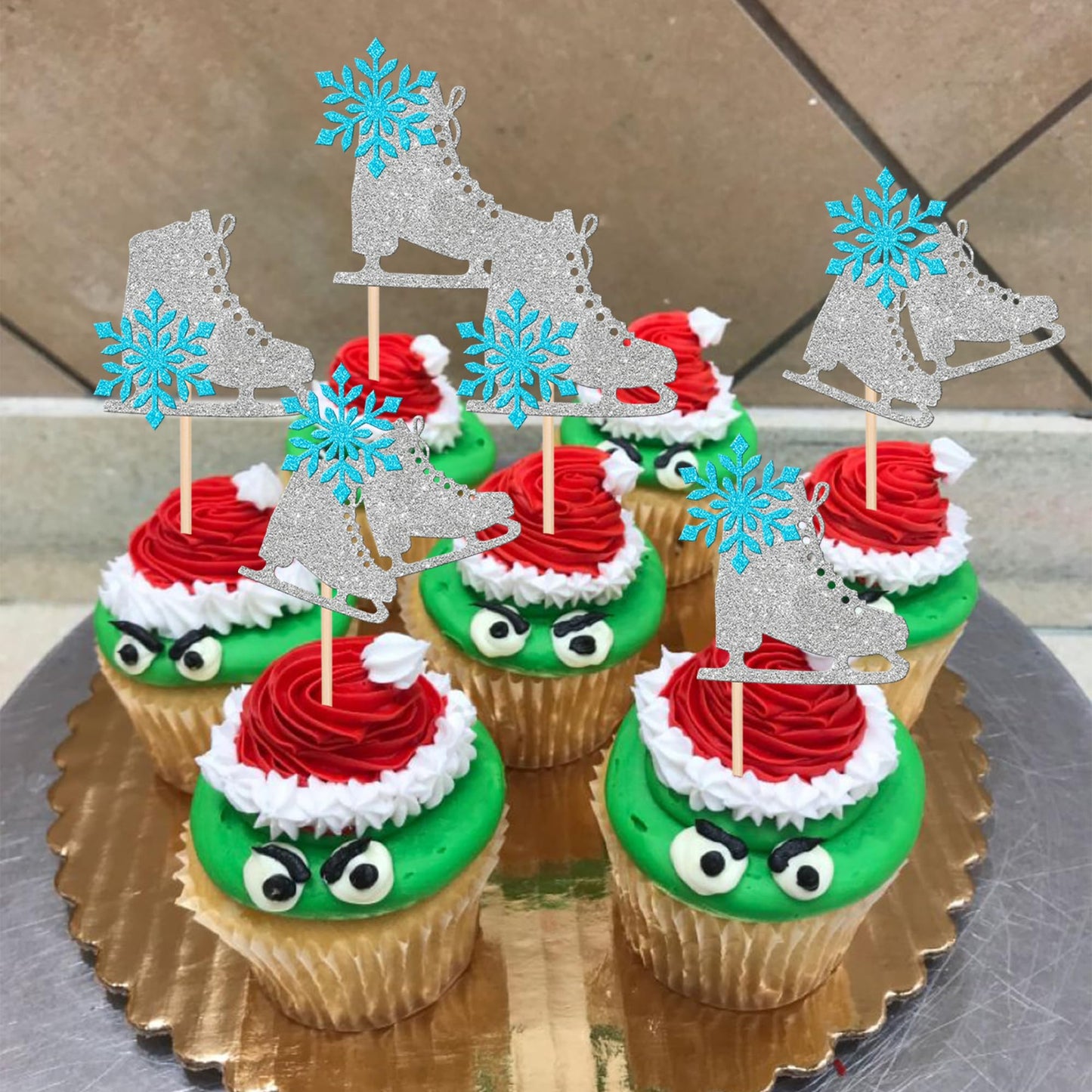 24 Pcs Ice Skating Cupcake Toppers Glitter Ice Sports Snowflake Cupcake Picks For Skating Theme Baby Shower Kids Birthday Party