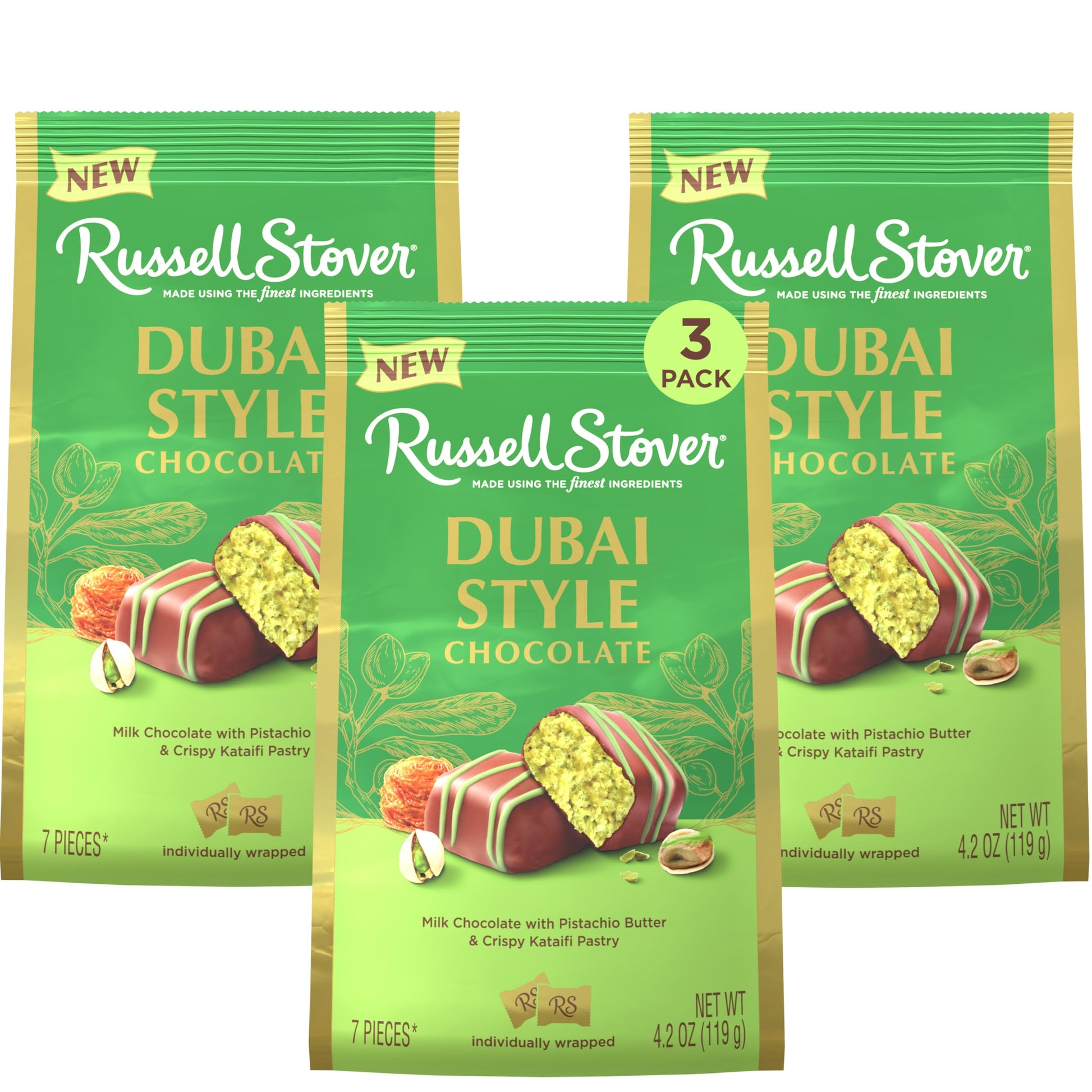 Russell Stover Dubai Style Milk Chocolate Candy Bar With Pistachio & Kataifi Gift Bag  4.2 Oz. (Pack Of 3)