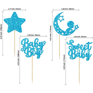 Gyufise 24Pcs Blue Glitter Baby Boy Cupcake Toppers Star Moon Sweet Baby Babyshower Boy Cupcake Picks For Baby Shower Boys Birth