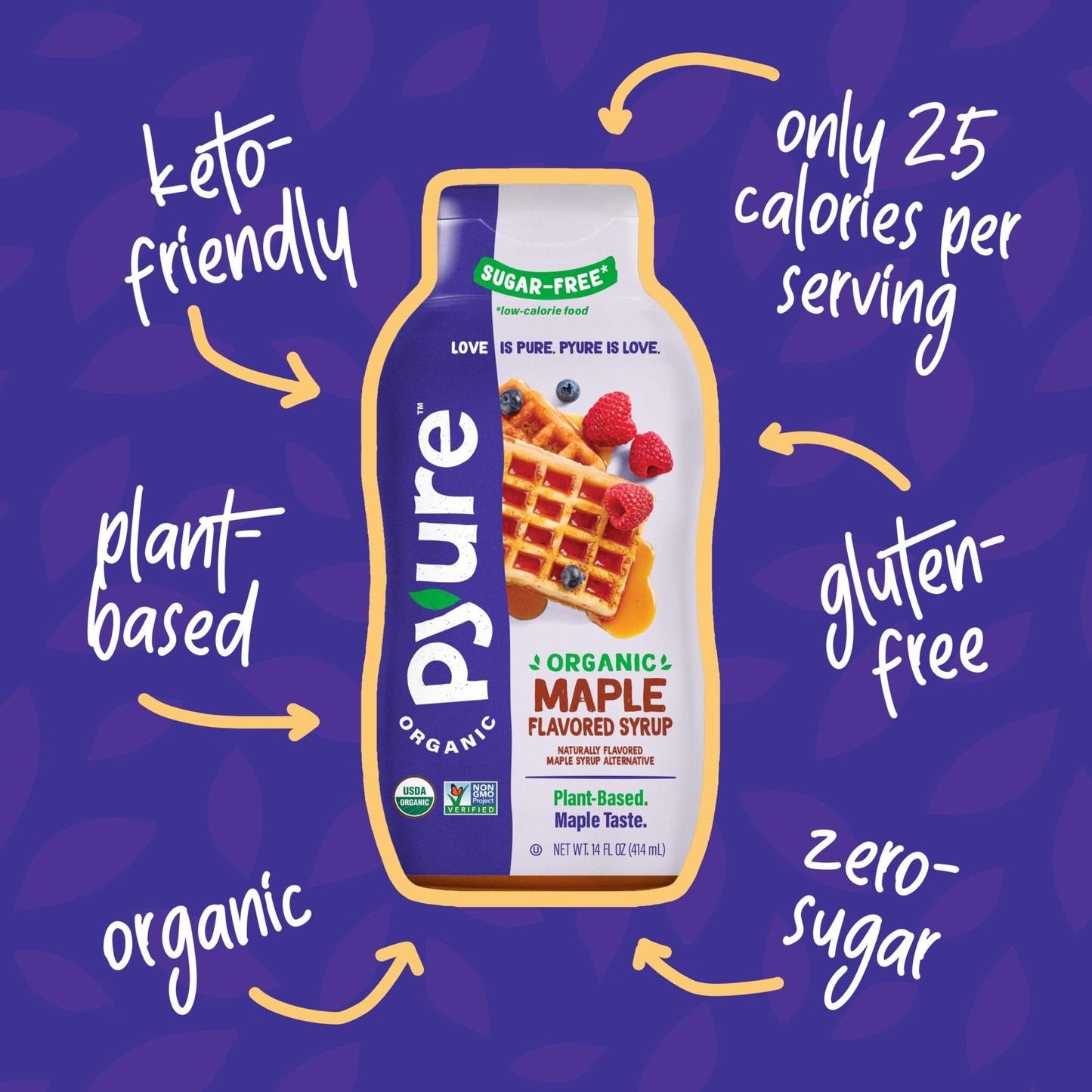 Pyure Organic Maple Flavored Syrup | Sugar-Free Maple Syrup For Pancakes, Waffles, Keto Desserts | 2G Net Carbs, Gluten-Free, Vegan, Plant-Based, Non-Gmo, Diabetic Friendly | 14 Oz Bottle