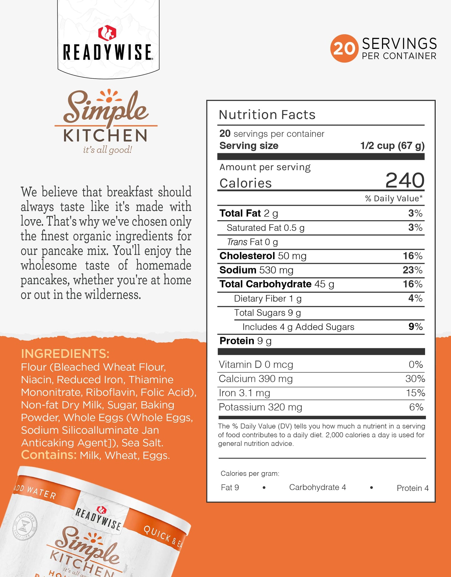 READYWISE - Simple Kitchen, Pancake Mix, 20 Servings, Emergency Food Supply, Canned, Survival Food, Baking Supplies, Pancakes, a