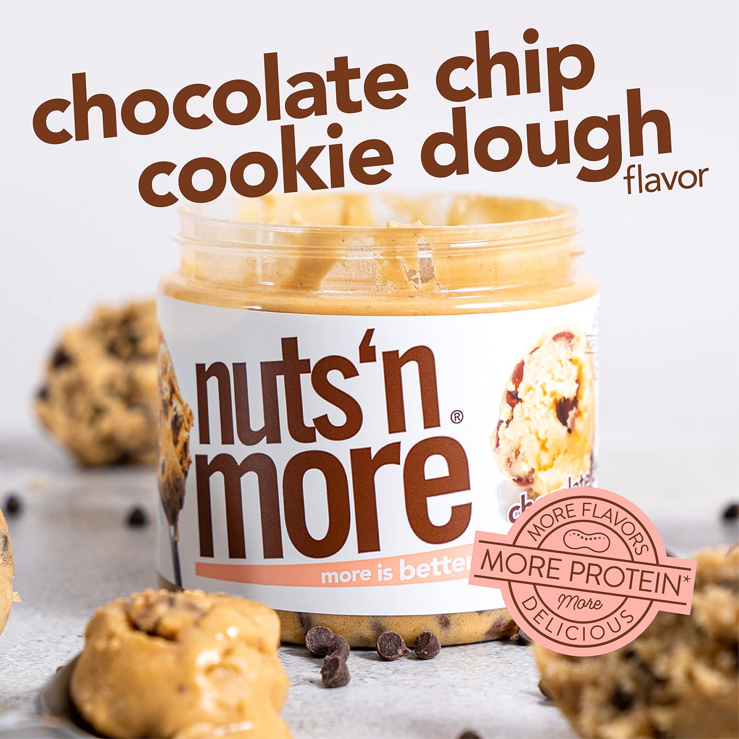 Nuts N More Chocolate Chip Cookie Dough Peanut Butter Spread, Added Protein All Natural Snack, Low Carb, Low Sugar, Gluten Free,