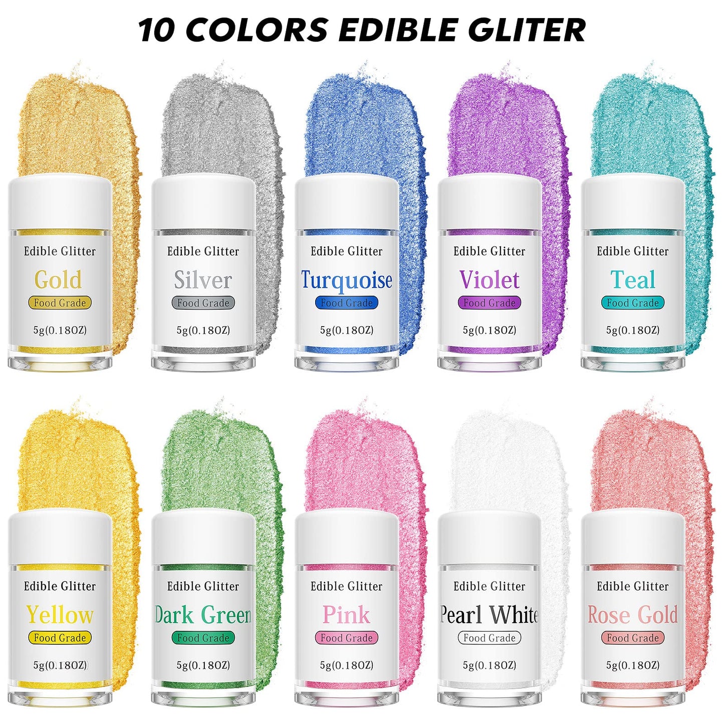 Nomeca Edible Glitter Set - 10 Colors for Drinks, Cakes, Cupcakes - 5g/bottle