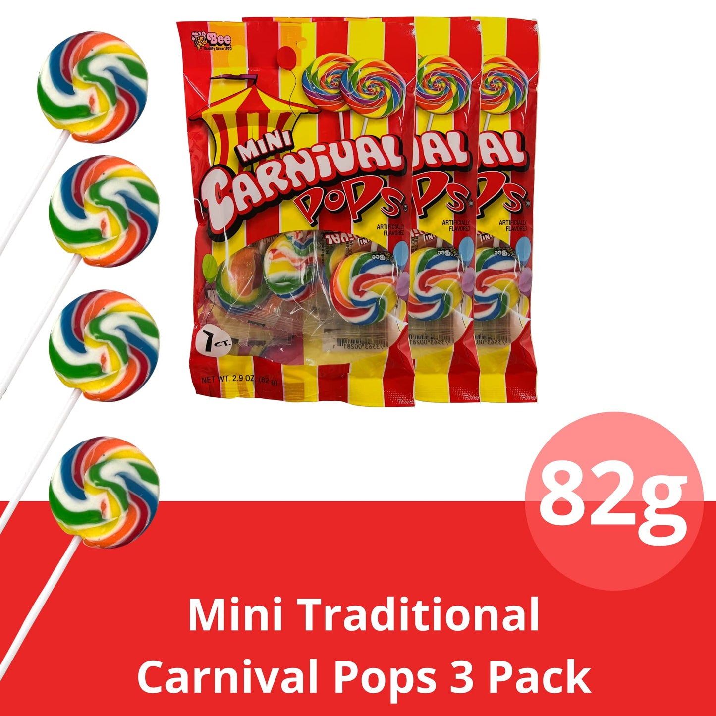 Mini Carnival Lollipop Packs, Shareable Individually Wrapped Traditional Multi Colored Swirl Pops, Candy Accessory Included, 7 L