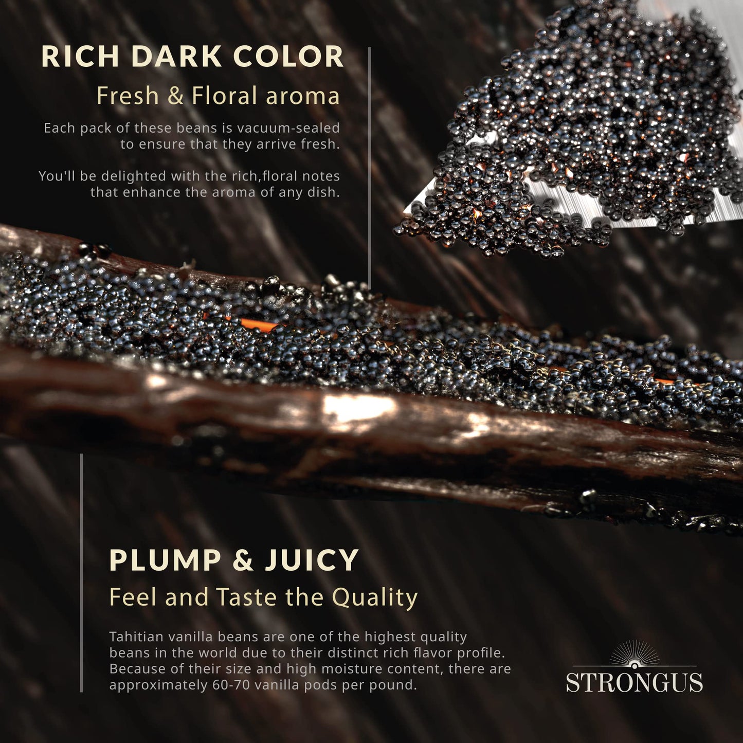 Strongus Madagascar Vanilla Beans - Vacuum Sealed Grade A Vanilla Pods - Rich, Creamy Flavor & Aroma - Ingredients For Baking, H