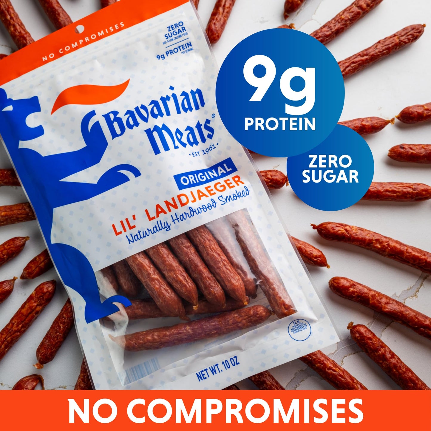 Bavarian Meats Lil Landjaeger Meat Sticks, Individually Wrapped Smoked Sausage Protein Snacks, Zero Sugar, Great Source Of Protein, Gluten Free, Keto Friendly Low Carb Snack, 0.5 Ounce (Pack Of 10)
