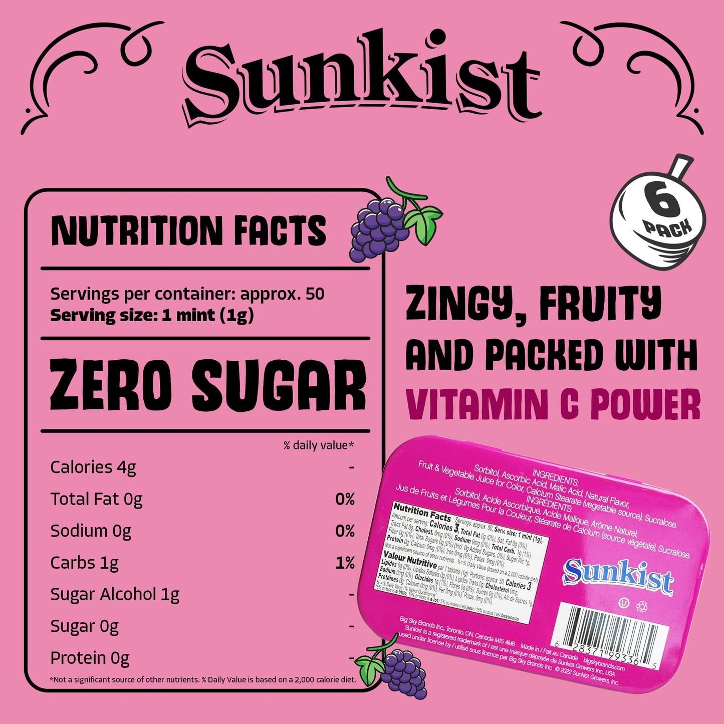Sunkist Sours Grapeade, Vitamin C, Sugar Free Sour Candy, 1.76 Ounce Tin - 6 Count Tray
