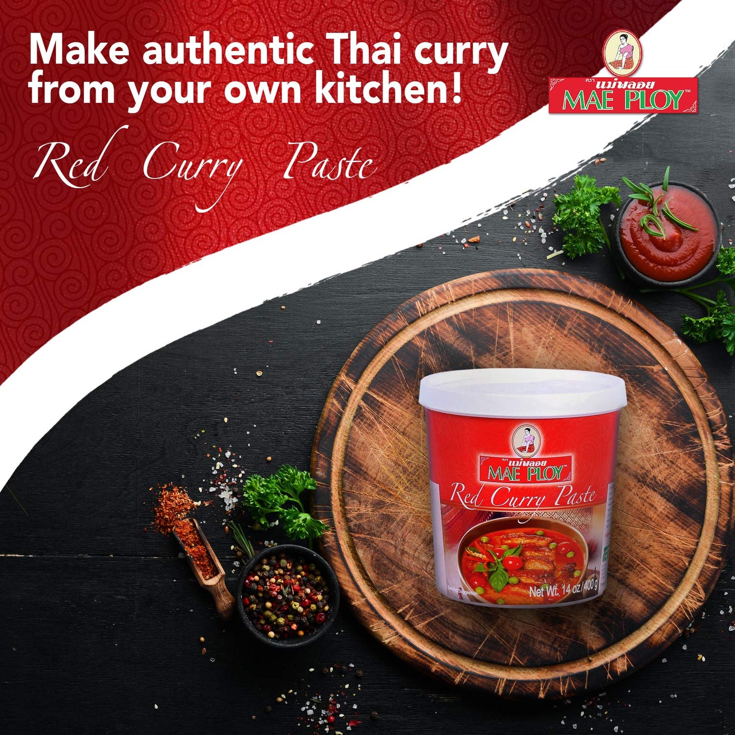 Mae Ploy Red Curry Paste, Authentic Thai Red Curry Paste For Thai Curries And Other Dishes, Aromatic Blend Of Herbs, Spices And Shrimp Paste, No Msg, Preservatives Or Artificial Coloring (14Oz Tub)