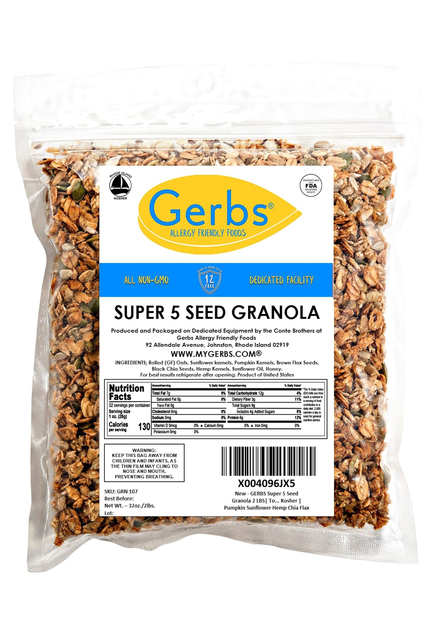 Gerbs Super 5 Seed Granola, 2 Lbs - Top 14 Food Allergy Free & Non Gmo - Keto Safe &Unsulfured - Pumpkin, Sunflower, Chia, Hemp, Flax Seeds