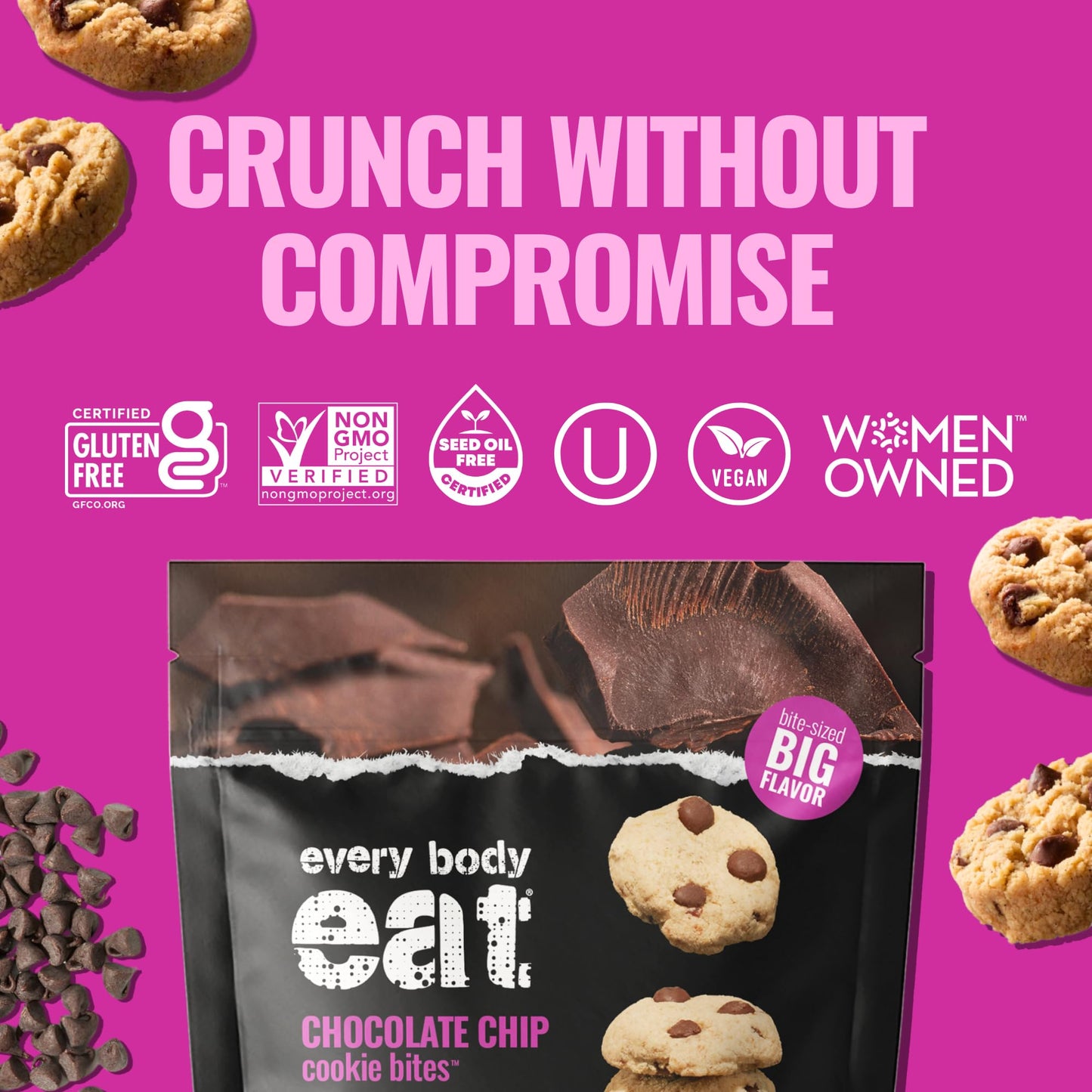 Every Body Eat Crunchy Cookie Bites, Gluten & Dairy Free, Vegan, School Lunch Snacks, (5.5 Ounce (Pack Of 6), Chocolate Chip)