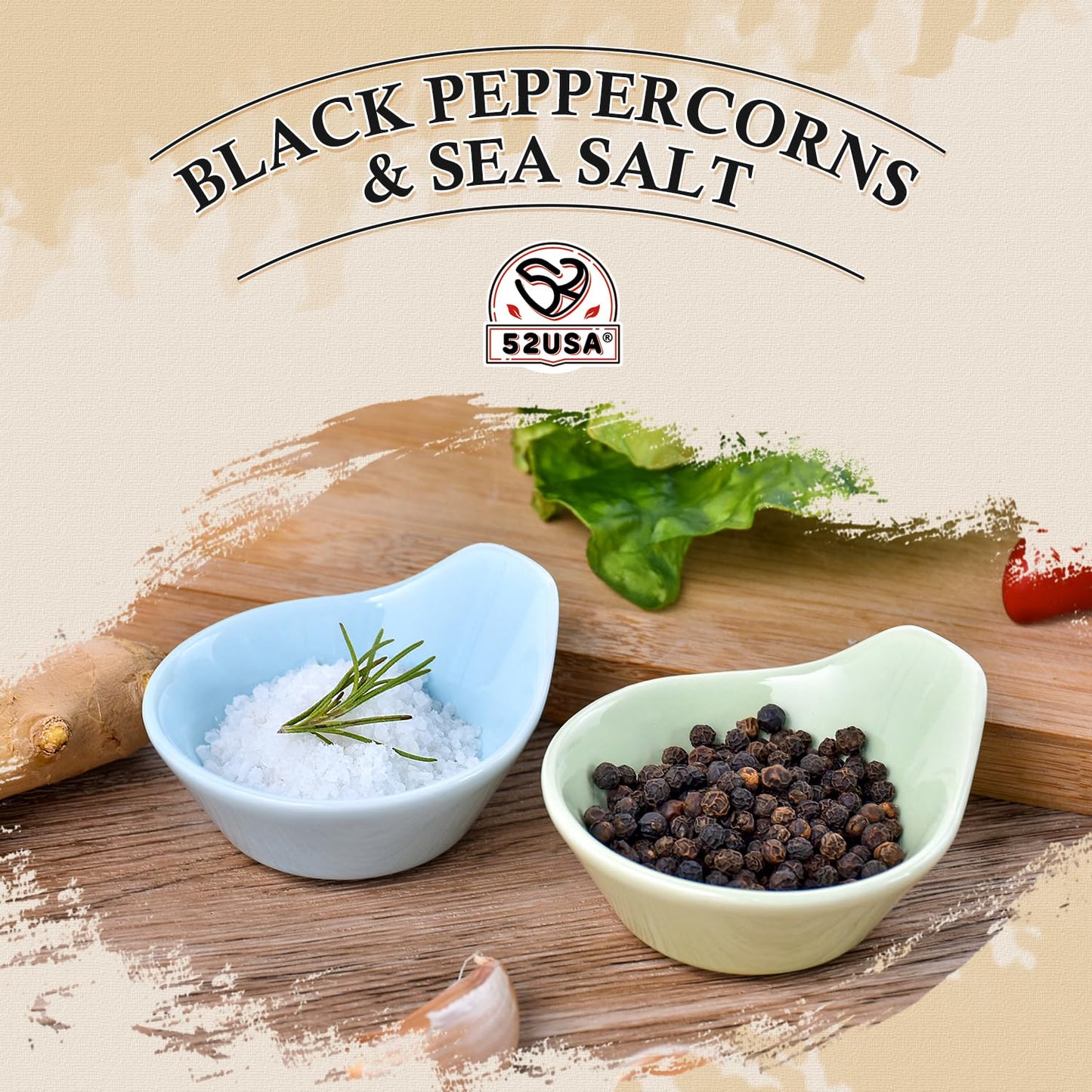 52USA Black Peppercorns 12 oz and Coarse Sea Salt 2 lbs, Salt and Pepper for Grinder Refill, Whole Peppercorns